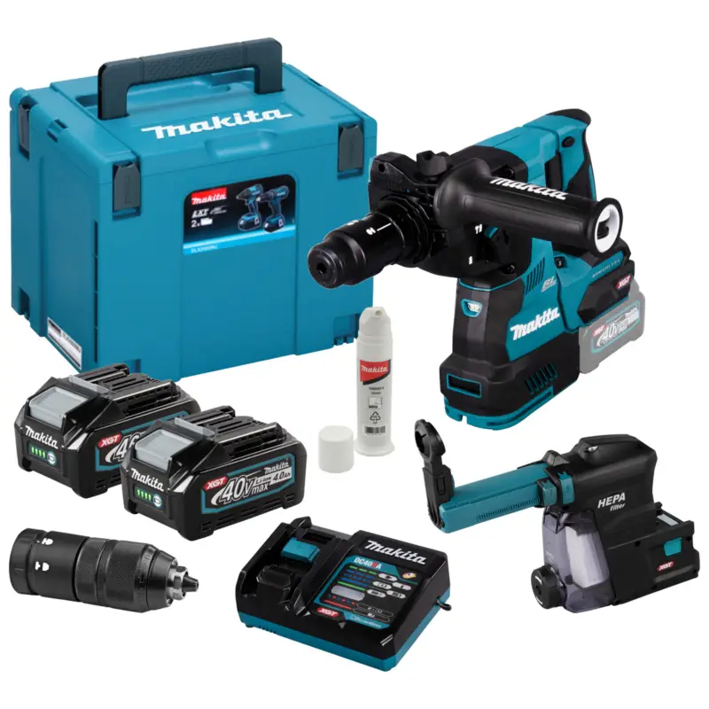 Makita HR004GM202 Akku-Kombihammer SDS-PLUS 40V max. / 2x 4,0 Ah Akku + Ladegerät inkl. Staubabsaugung DX14 im Makpac Online Kaufen