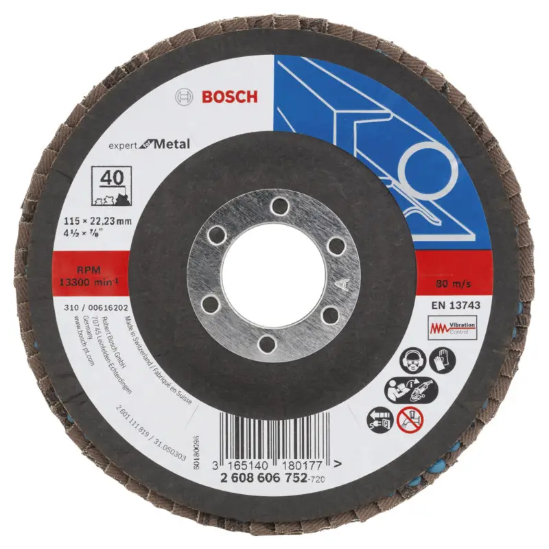Zertifiziert Bosch Fächerschleifscheibe Expert for Metal 115 22,23 40 gewinkelt Glasgewebet. - 2608606752