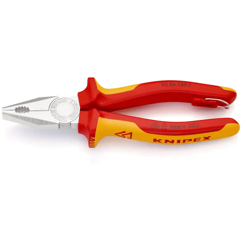 Neue Kollektion Knipex Kombizange mit Befestigungsöse verchromt, isoliert mit Mehrkomponenten-Hüllen, VDE-geprüft; mit integrierter isolierter Befestigungsöse zum Anbringen einer Absturzsicherung 180 mm - 0306180TBK