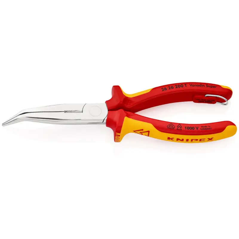 Knipex Flachrundzange mit Schneide/Befestigungsöse verchromt, isoliert mit Mehrkomponenten-Hüllen, VDE-geprüft; mit integrierter isolierter Befestigungsöse zum Anbringen einer Absturzsicherung 200 mm - 2626200TBK Preis Gesenkt