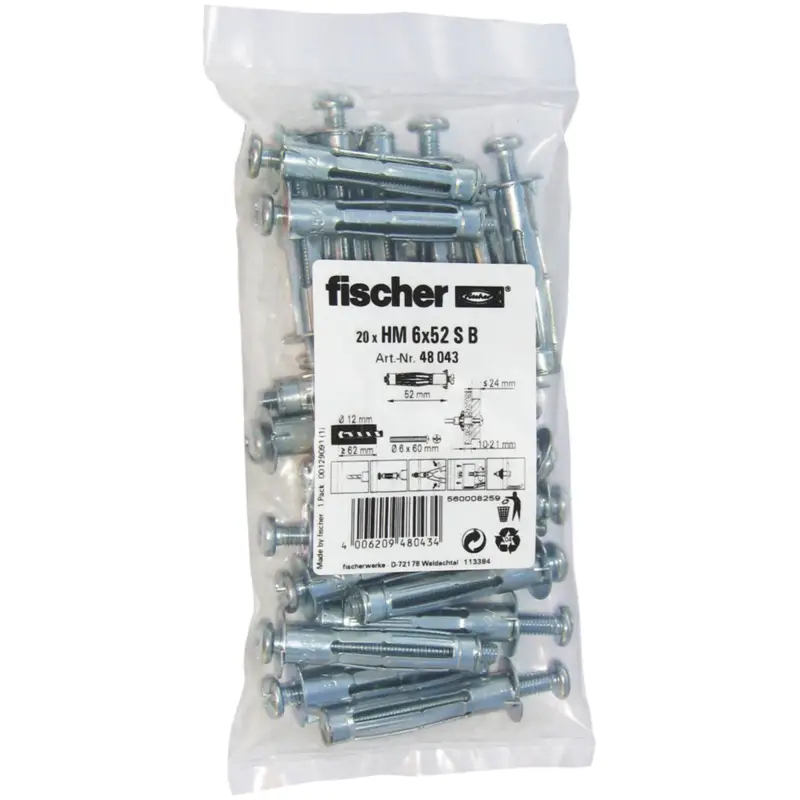 Fischer 20x Hohlraum-Metalldübel HM 6 x 52 S B im Beutel - 048043 Solange Der Vorrat Reicht