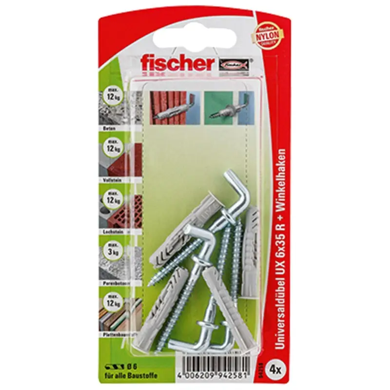 Bestpreis Fischer 4x Universaldübel UX 6x35 WH mit Winkelhaken - 94258