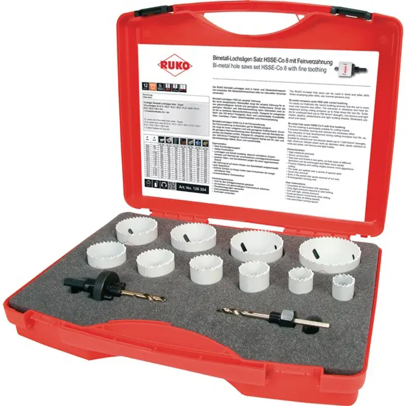 RUKO Bimetall-Lochsägen-Satz HSSE-Co 8 12tlg. Ø 22 - 68 mm im Kunststoffkoffer - 126304 Mega-Angebot