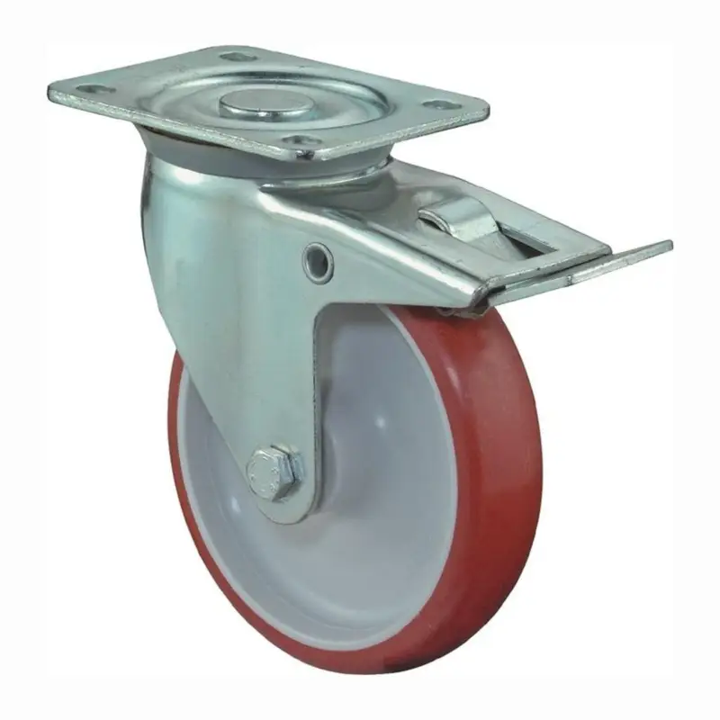 Abverkauf BS Rollen Lenkrolle mit Totalfeststeller und Anschraubplatte Polyurethan rot Rollenlager 100 mm 125 kg - L420.B31.100